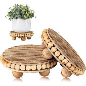 HouseJoy 2Pcs Wood Risers for Display Decorative,Round Beaded Riser Distressed for Decor ,Wooden Farmhouse Coasters Mini Cake Stand Plant Stand,Rustic Pedestal Stand Decor Display Risers for Tiered
