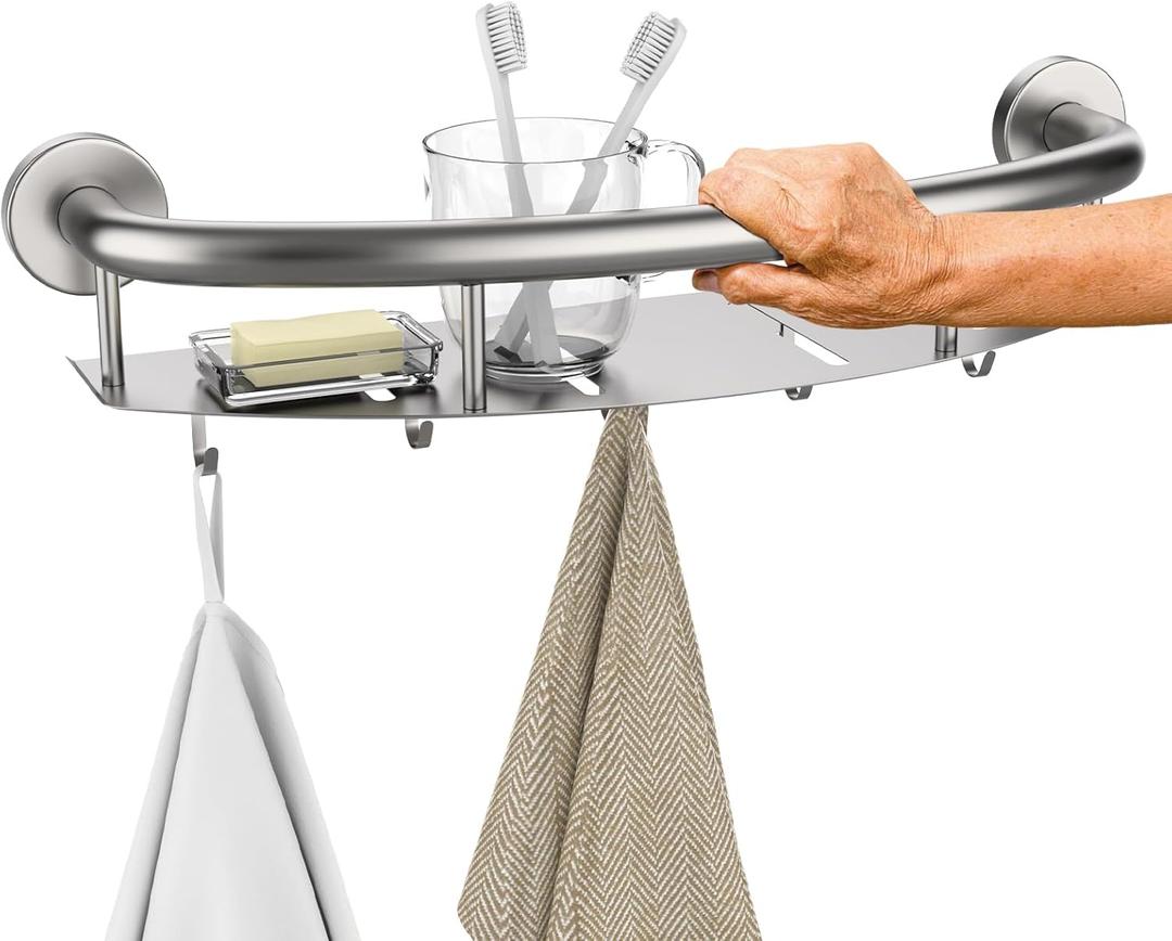 Munzong 18 Inch Shower Grab Bar w/Storage Shelf, Stainless Steel 2 in 1 Bathroom Grab Bar, Wall Mount Balance Bar, Safety Hand Rail Support Handicap Elderly Injury Senior Assist Bath Handle
