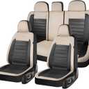Coverado Car Seat Covers Full Set, Luxury Leather Car Seat Covers, Automotive Front and Rear Mesh Seat Covers, Full Set 5 Seats, Black Beige Seat Covers for SUV Sedan Truck