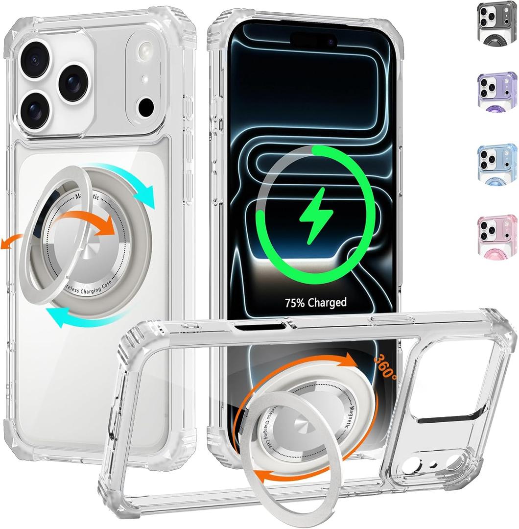 Clear Case for iPhone 17 Pro Max Case with Stand [ Compatible with MagSafe ], Military Grade Heavy Duty Cover with Magnetic 360 Rotatable Ring Kickstand for Women Men, Transparent