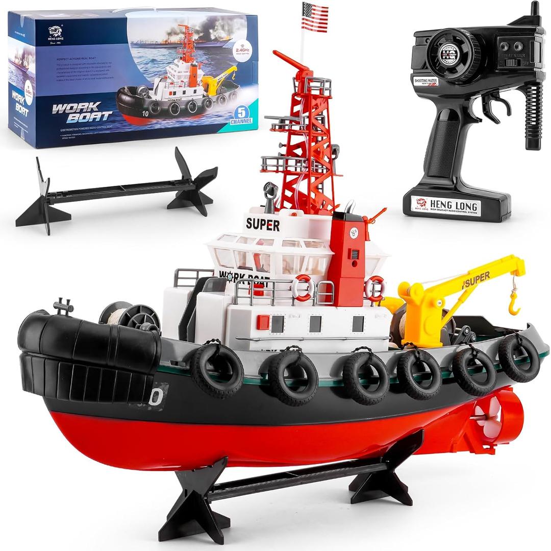 BESTYMXY RC Boat, HengLong 2.4GHZ US Fire Rescure Boat, Remote Control FireBoat, Water Spray with 2 Rechargeable Batteries, Swimming Pool Lake for Age 14+