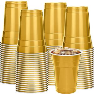Mimorou Gold 200 Pack 16 oz Plastic Cups Bulk, Disposable Cups for Party Graduation Mardi Gras Wedding Stackable Beverage Drinking Tumbler Heavy Duty for BBQ Birthday Baby Shower