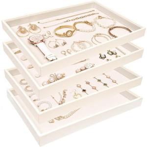 Beige Velvet Jewelry Trays for Drawers Black Jewelrys Display Tray Stackable Jewelry Organizer Trays for Necklace Bracelet Ring Watch (4 Pack)