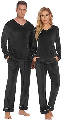 Ekouaer Couples Matching Pajamas  Women Velour Long Sleeve Sleepwear XXL