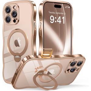 GVIEWIN for iPhone 16 Pro Max Case with 360 Magnetic Stand, [Compatible with MagSafe][Full Camera Protection][Non-Yellowing] Cute Slim Electroplated Wave Shockproof Phone Case 6.9", Clear/Rose Gold