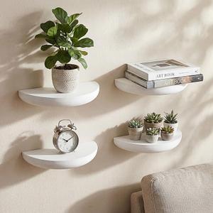 4 Pcs Solid Wood Half Round Floating Wall Shelves, Elegant Floating Wooden Shelves, 8.27 Inch Wall Shelf for Living Room, Bathroom, Bedroom, Offices, Pictures Plant Book(White)