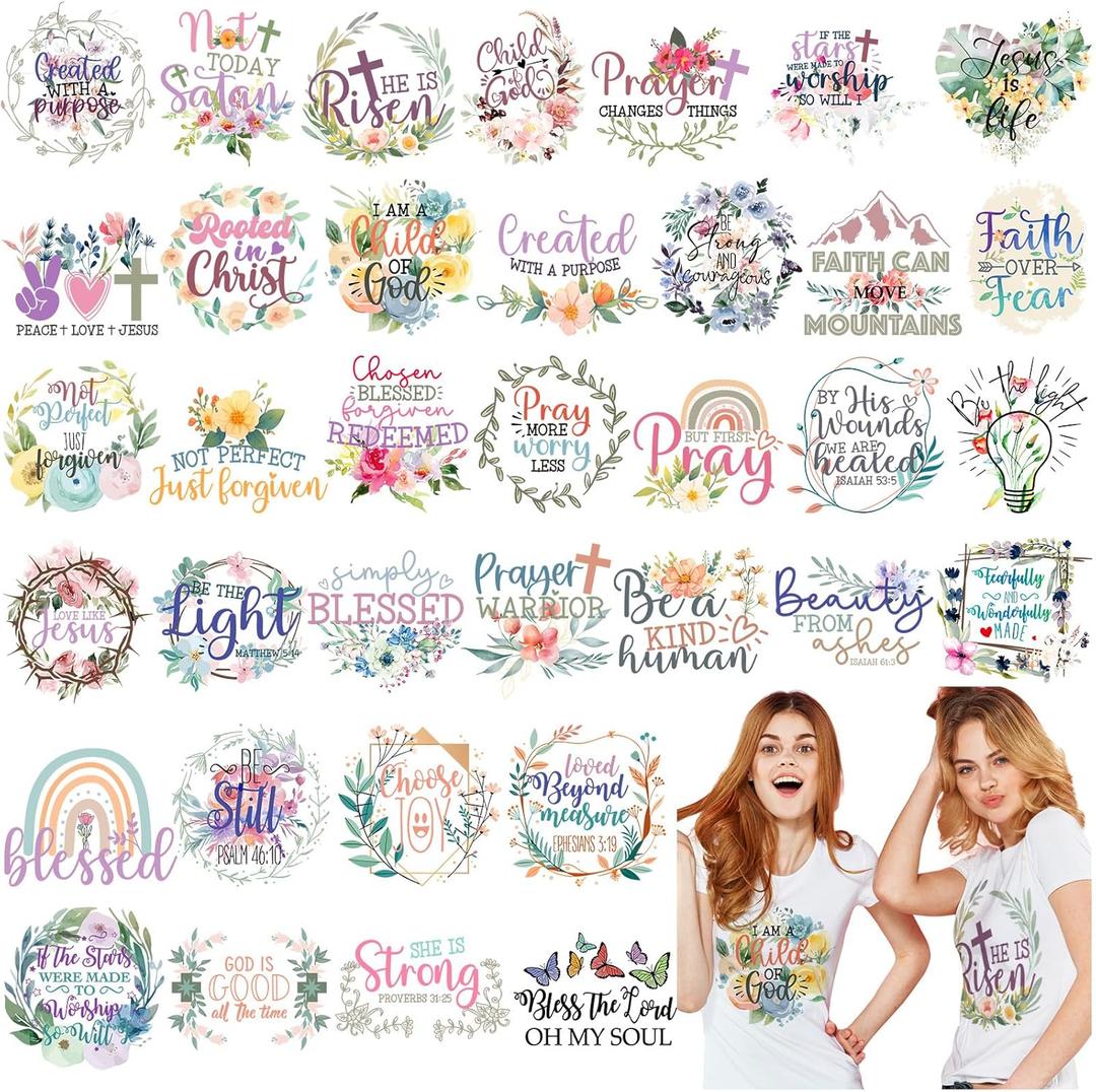36 Sheets Iron on Transfers Patches Vinyl Iron on Patch Embroidered Applique for T Shirt Jacket Pillow Covers Backpack Hoodies DIY Decorations (Bible)