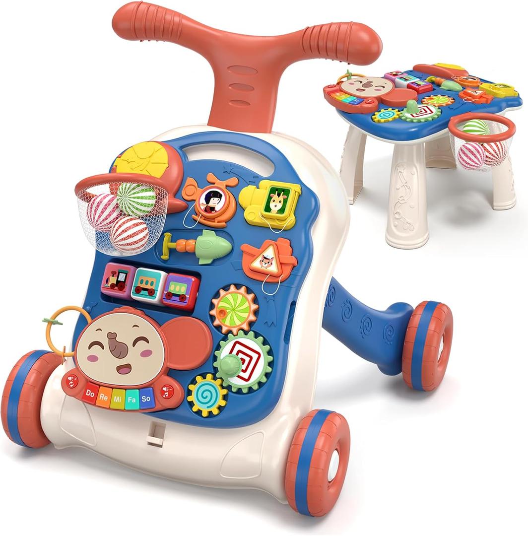 QDRAGON 3 in 1 Baby Walker and Activity Center for Boy, Learning to Walk, Sit to Stand, Early Educational Push Toys with Music Panel for Infant Toddler 12-18 Months Blue