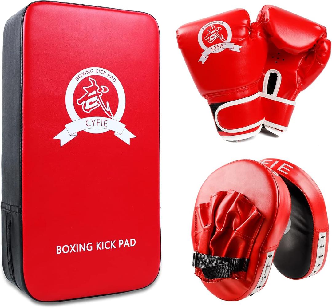 3-in-1 Boxing Equipment Punching Gloves Mitts Kick Pack Set for Kids Karate Mitts Pad for Beginners Arm Pad for Children Boxing Gloves for Muay Thai, Taekwondo, MMA Training, Gift for Kids Toddlers (Red)