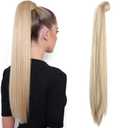 SEIKEA 28 Inch Clip in Ponytail Extension Wrap Around Long Straight Pony Tail Hair Synthetic Hairpiece for Women Color Blonde with Pale Gold Highlights