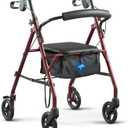 Medline Steel Rollator Walker with Seat, Burgundy, 350 lb. Weight Capacity, 6 Wheels, Foldable, Adjustable Handles, Rolling Walker for Seniors, Walker for Mobility Impaired
