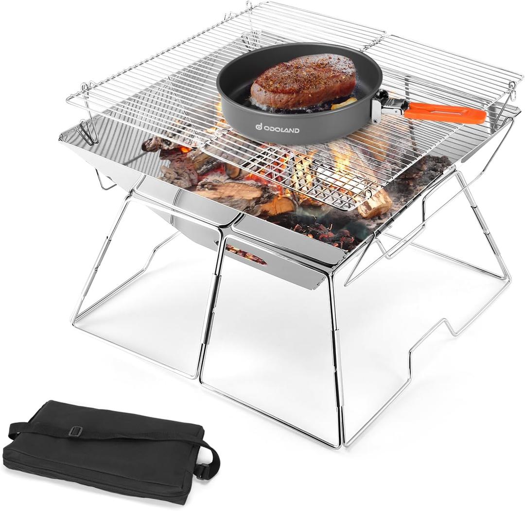 Odoland Folding Campfire Grill, 304 Stainless Steel Grate Barbeque Grill, Portable Camping Grill with Legs for Picnics, Backpacking, Outdoor with Carrying Bag and Kitchen Tongs