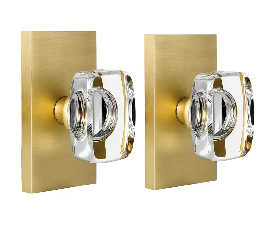 Satin Brass Crystal Glass Dummy Door Knob Interior, Gold Dummy Door Knob for Closet Hall Rectangular Single Side Non-Turning Inactive, 2 Pack