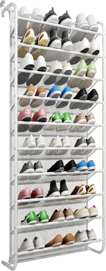 AQQHSAIN 10 Tier Over The Door Shoe Organizer Wall Shoe Shelf Shoe Holder Door Shoe Rack for Closet Pantry Hanging Shoes Clothes Toys Storage Shelves (White), 9.06 inches x 23.6 inches x 2.4 inches