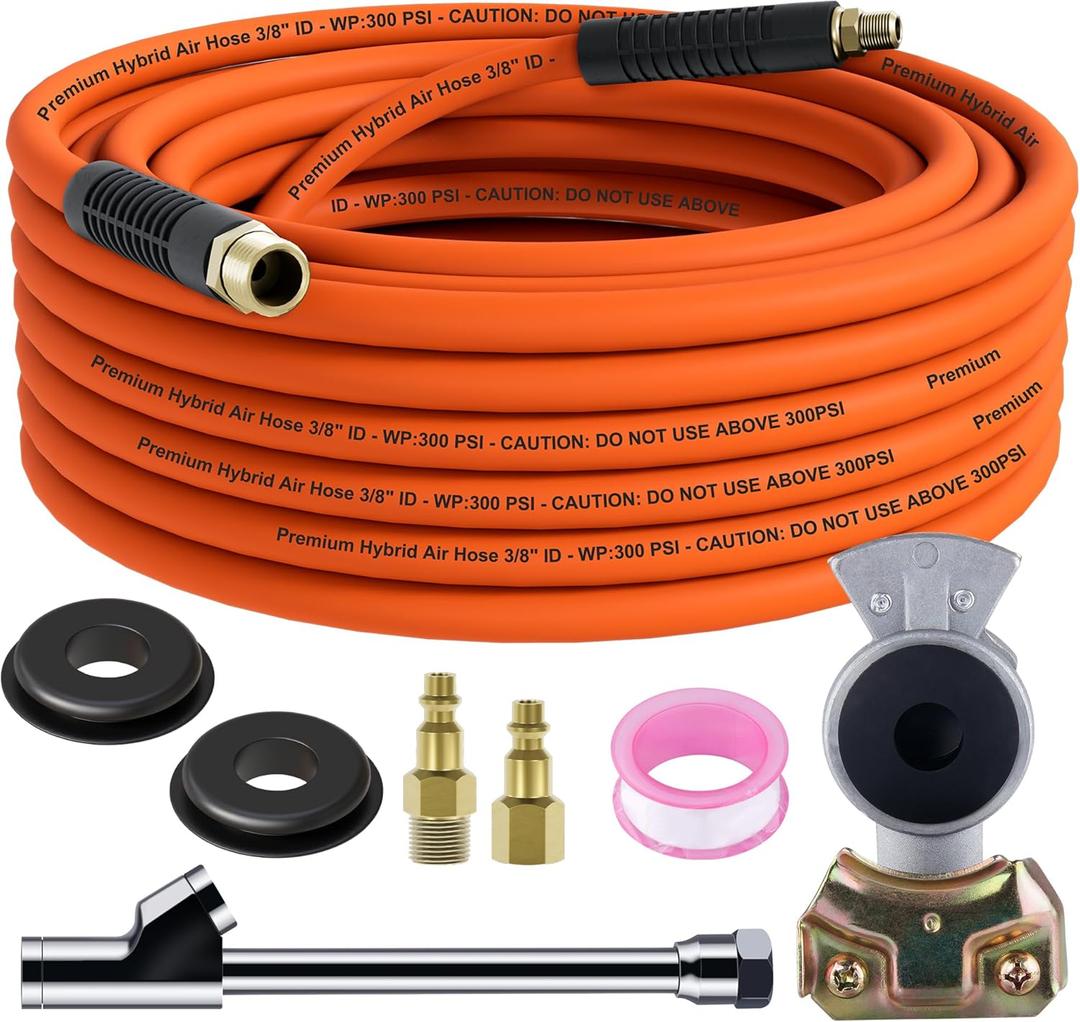 Truck Tire Inflator Kit, 3/8" x 50 ft Hybrid Air Hose with 1/2" Universal Gladhand Connection & 1/4" Dual Foot Chuck & Air Plug, Air Hose Tire Inflator Kit for Semi Truck (350psi max working pressure)