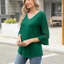 Rapbin 3/4 Length Sleeve Womens Tops Summer Lace Ruffles Sleeve T Shirts V-Neck Dressy Casual Trendy Tunic Blouses (Green, L)