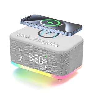 Wireless Charging Alarm Clock Bedroom, Loud Digital Alarm Clocks Bedrooms, Alarm Clock Night Light Speaker 8W Snooze Dual Alarm 12/ 24H Adjustable Brightness Dimmer Bluetooth, Grey