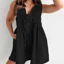 Yoeasy Women's Sleeveless V Neck Shorts Denim Romper Tie Front Ruffle Cute Loose Jean Short Overalls with Pockets, M