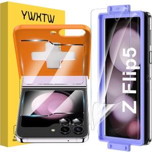 YWXTW [ 2023 Upgraded Alignment Tool for Samsung Galaxy Z Flip 5 Screen Protector, 2 Pack Inner Soft EPU + 2 Pack Front Tempered Glass + 2 PCS Metal Camera Lens Protector, Case Friendly