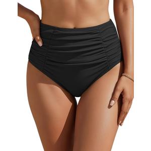 Blooming Jelly Womens High Waisted Bikini Bottoms Tummy Control Swim Bottom Ruched Full Coverage Retro Swimwear (Medium, Black)