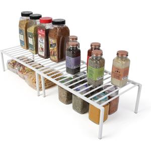 Smart Design Premium Cabinet Storage Shelf Rack - Large Expandable 16-32 x 10 Inch - Steel Metal - Rust Resistant - Cupboard, Plate, Dish, Counter and Pantry Organization - Kitchen - White