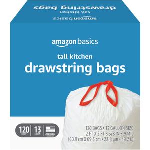 Amazon Basics Trash Bags, Tall Kitchen Drawstring, Unscented, 13 Gallon, 120 Count, Pack of 1