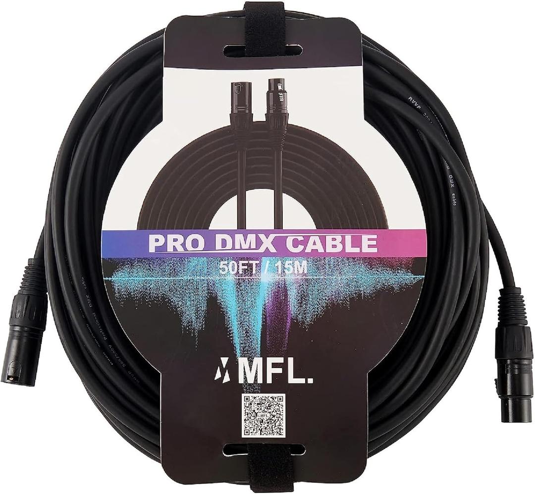 MFL. 50 ft Flexible DMX Cable 22AWG 3 Pin Signal (XLR Compatible) Male to Female Wire for Stage Lighting DJ Lights, 110 Ohms Impedance, Black, Pack of 1