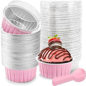 5 OZ Mini Loaf Pans with Lids Mini Cake Pans Baking Cups Disposable Ramekin for Cupake Pudding Party Wedding Birthday(50 Pack, Pink)