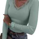 LUXVEER Long Sleeve Shirts for Women Lace V Neck Ribbed Fitted T-Shirt Dressy Business Casual Blouses 2026 Trendy Fall Tops (Green, XL)