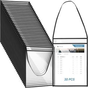 30 Pack Plastic Shop Ticket Holders, Job Ticket Holders, Work Order Pockets, Repair Order Sleeves, 10 x 14 Inches, with Hanging Strap, Both Sides Clear, Black Trim