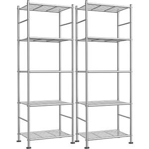 Sakugi Storage Shelves - Set of 2, 5-Tier Metal Shelf Organizer, Space-Saving Garage Shelving with Leveling Feet, Standing Shelves Organizer for Kitchen, Laundry, Pantry (18.4"x12.6"x57.4", Silver)