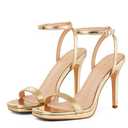 Elisabet Tang Women’s Stilettos Heeled Sandals Open Square Toe Heels, 4.3 Inch Open Toe Strappy Sexy High Heels Ankle Strap Buckle Heels for Party Wedding Dress Daily Wear Shoes Gold, Size 6
