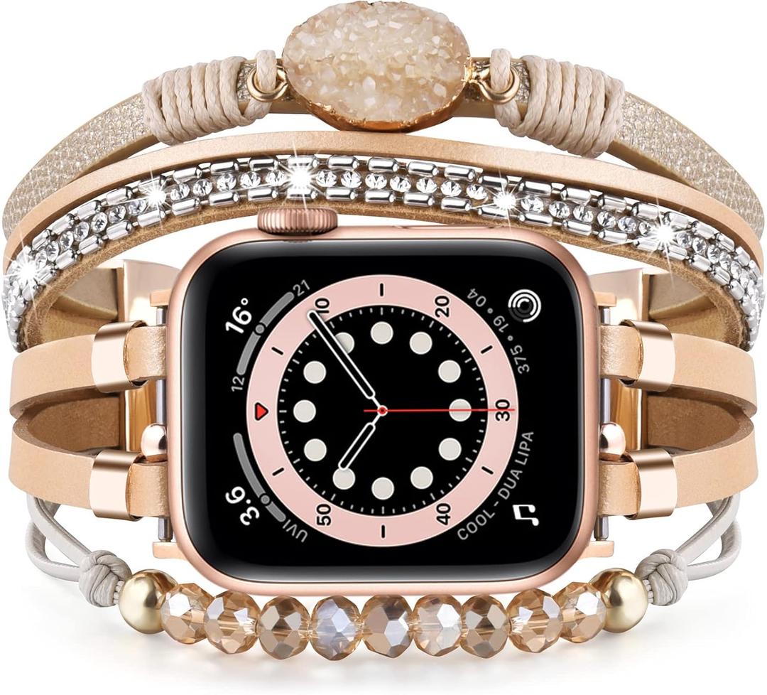 VISOOM Beaded Boho Bracelet Compatible for Apple Watch Band 40mm/38mm/41mm Series 10 9 8 7 SE Series 6/5/4 Women Leather Fashion Cute Handmade Multilayer Wrap Watch Strap for iWatch Bands 3/2/1 (Khaki)