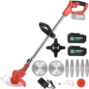 Electric Brush Cutter Stringless Weed Wacker Battery with 3Function Blades,Cordless Brush Cutter Battery Powered by 2Pcs 4Ah Batteries,Weed Trimmer for Garden Yard Brush Trimming,Lightweight (Red)