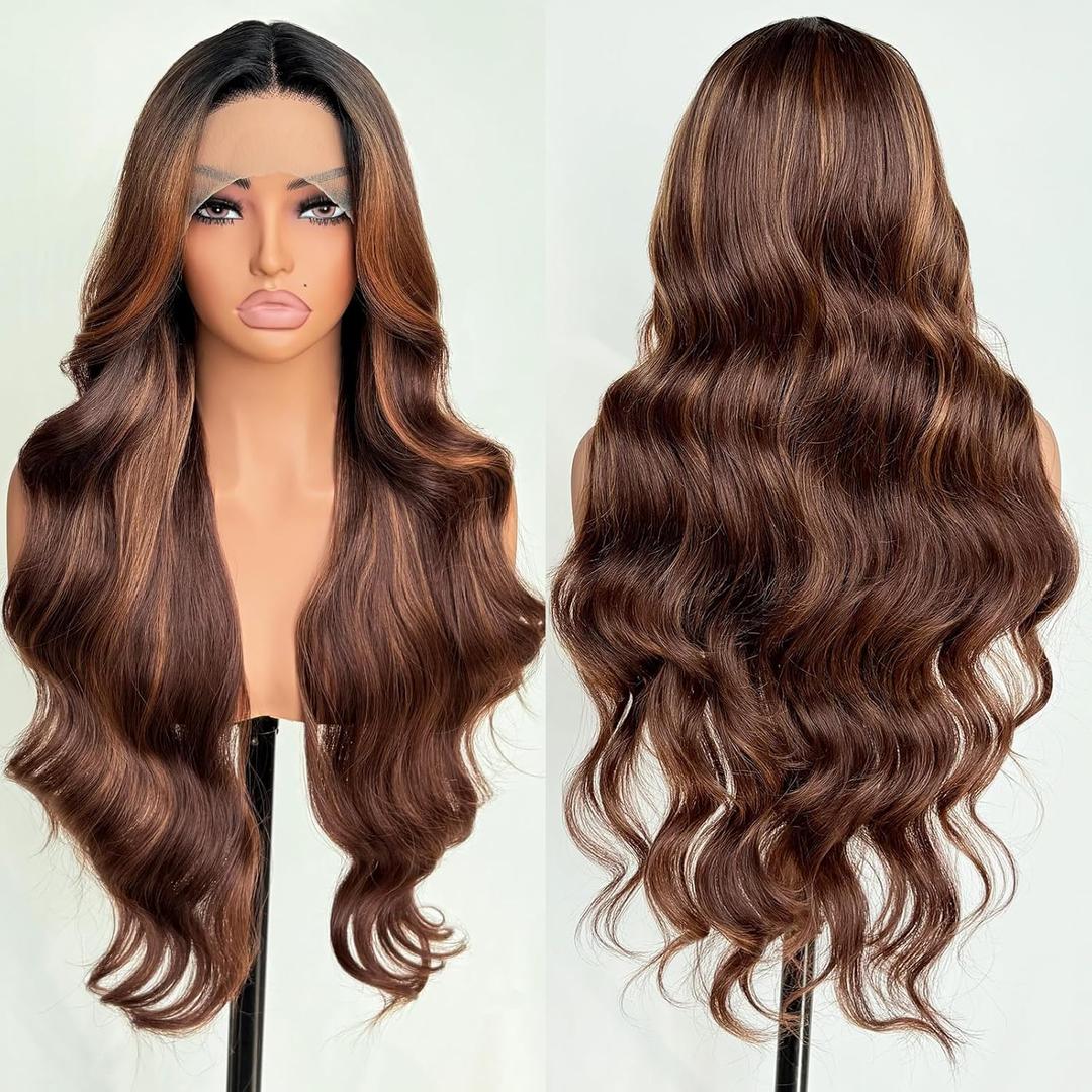 FABLLE Ombre Brown Lace Front Wig Synthetic Wig Brown Highlight Wig Body Wave HD Lace Frontal Glueless Pre Plucked Bleached Knots Skunk Stripe 30 Inch