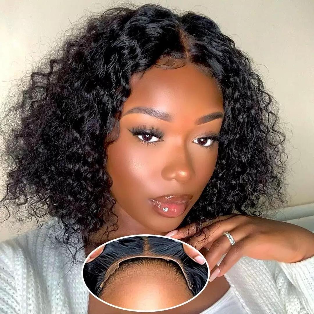 Glueless Wigs Human Hair Pre Plucked Pre Cut Wear and Go Glueless Wig for Beginners Bob Wig Human Hair 180% Density Deep Wave Curly Lace Front Wig 14 Inches Natural Black