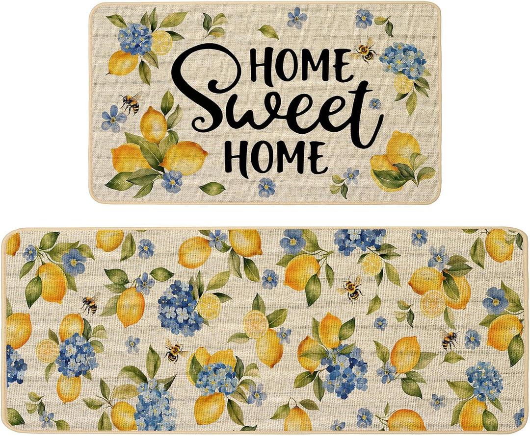 Baccessor Lemon Kitchen Rugs Set of 2, Hydrangea Floral Flowers Kitchen Mats for Spring Summer Floor Hallway Laundry Sink Low-Profile Home Decoration 17x29 and 17x47 Inch