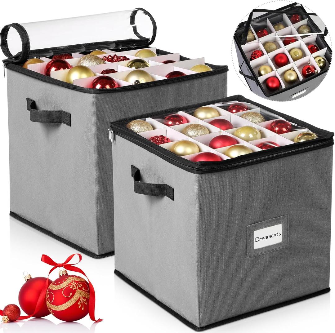 CHENGU 2-pack Christmas Ornament Storage Stores up to 64 Christmas Ball Accessories Holder with Adjustable Dividers, Zippered Closure Two Handles for Holiday Ornaments and Xmas Decorations(Grey)