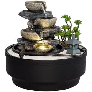 Bumilgar Indoor Tabletop Water Fountain with LED Lights & Pagoda, 4-Tier Rock Cascading Design, Artificial Flowers, White Stones and Rake, Zen Decor for Office/Living Room/Bedroom/Study (8.5" H)