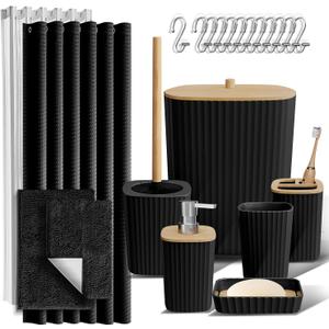 Clara Clark Bathroom Accessories Set - Bathroom Set, Bathroom Sets with Shower Curtain and Rugs, Shower Curtain Set with Bathroom Trash Can - Black - 22PC