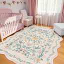 Scalloped Pink Floral Rug 6x9, Washable Soft Faux Wool Area Rug for Living Room, Cute Boho Non-Slip Carpet for Kids Room, Nursery, Bedroom or Office