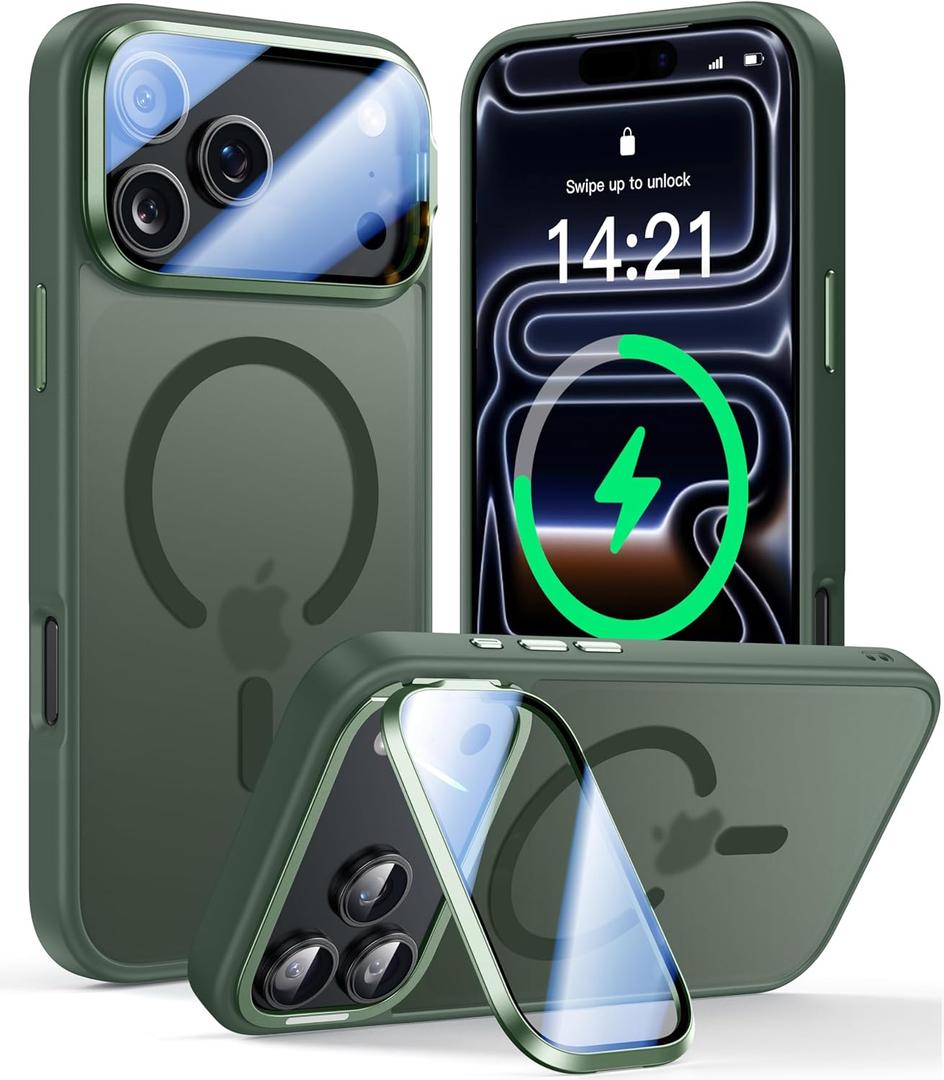 VOFATA [Upgraded Full Camera Protection] for iPhone 17 Pro Case with Camera Cover Stand [Fit for MagSafe][10FT Mil-Grade Protection] Translucent Magnetic iPhone 17 Pro Phone Case, Green