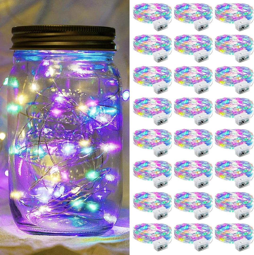 24 Pack Fairy Lights 7Ft 20 LED Twinkle String Lights 3 Modes Battery Operated Waterproof Firefly Starry for Mason Jar Party Wedding Christmas Valentines Day Table Centerpieces,Multicolor