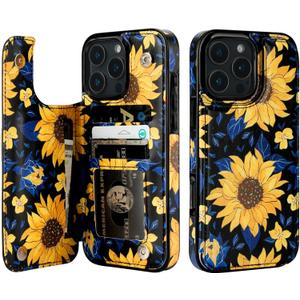 HAOPINSH for iPhone 16 Pro Max Wallet Case with Card Holder, Blooming Sunflowers Back Flip Folio PU Leather Kickstand Card Slots Case for Women Girls, Double Magnetic Clasp Shockproof Cover 6.9"