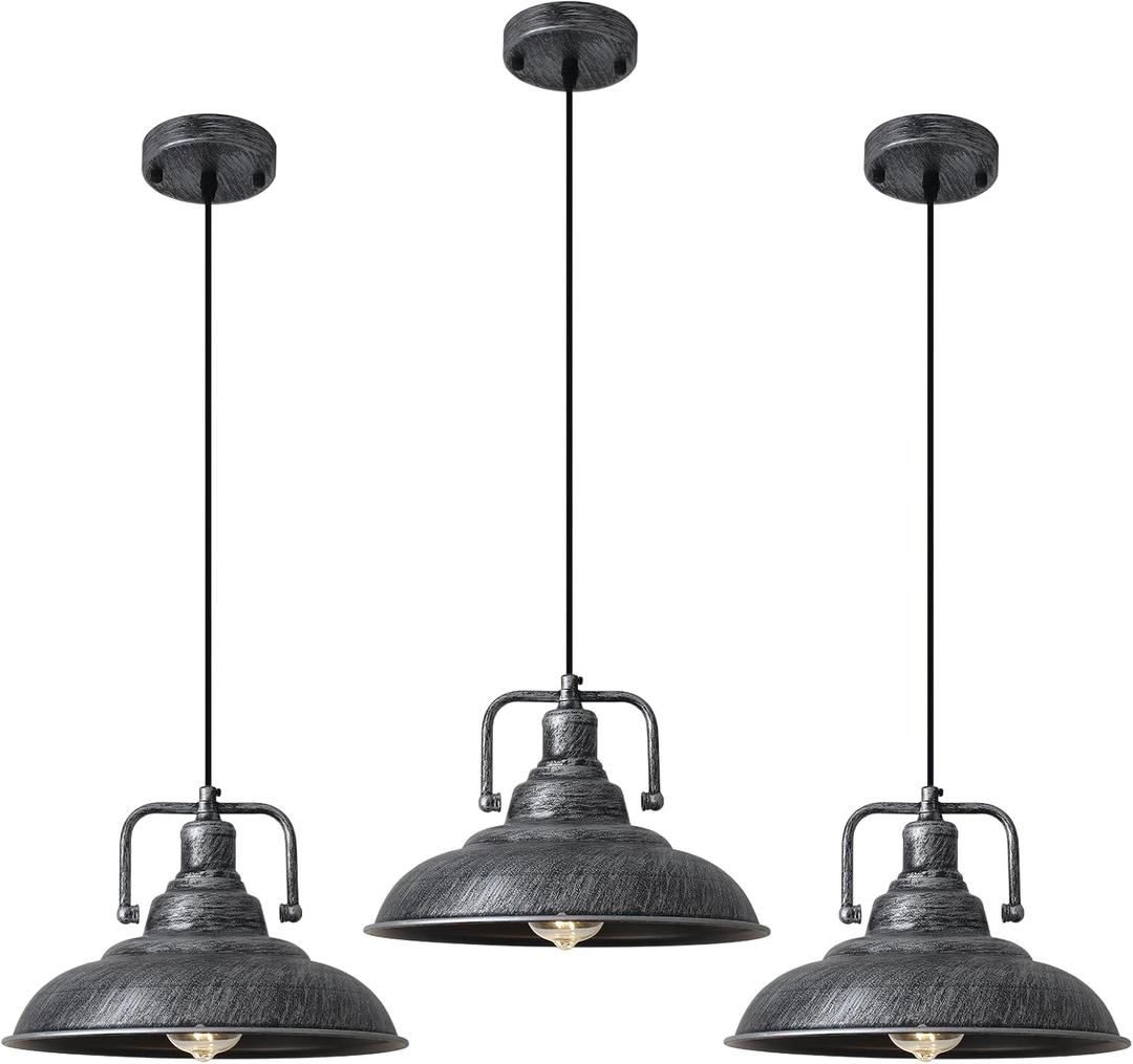 Black and Silver Pendant Light 12.5 inches 3 Packs, Farmhouse Pendant Light, Industrial Pendant Light, Kitchen Pendant Lights, Pendant Lights Kithen Island for Bedroom; Living Room; Kitchen