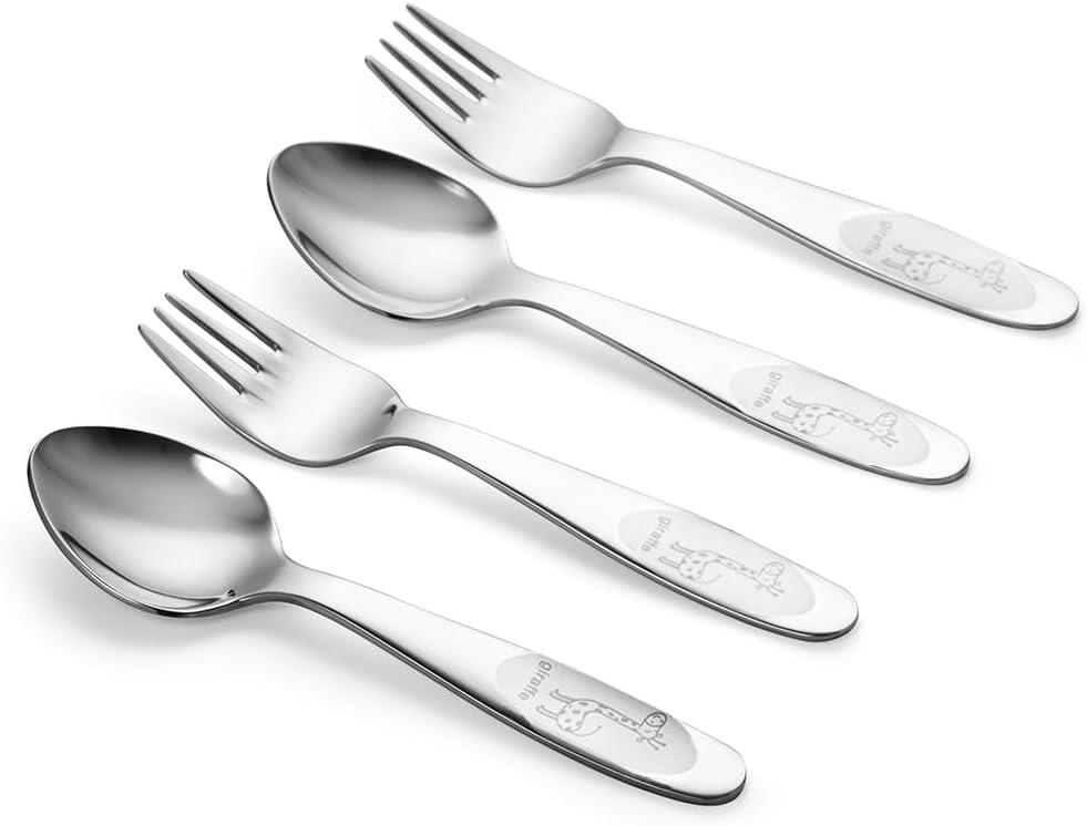 4-Piece Kids Utensils Set - Stainless Steel Training Forks & Spoons with Rounded Edges | Self-Feeding Kid Tableware Set for 2+ Years and Preschoolers | Dishwasher Safe