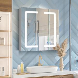 LALAHOO 23.6"x24.5" Bathroom Medicine Cabinet with Mirror, Lights, Defogging, 3-Color Temperature Adjustment & Shelf