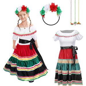 Traditional Mexican Dress for Girls Kids Cinco De Mayo Mexican Costume Princess Dress Halloween Outfit Props (Multicolored) XL