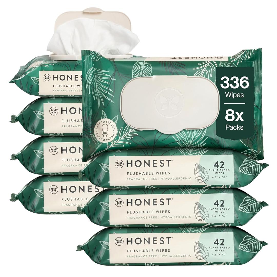 The Honest Company Flushable Wipes for Sensitive Skin, Hypoallergenic, Fragrance-Free, Tropical Leaves Design, 336 Count (4 Packs of 84)