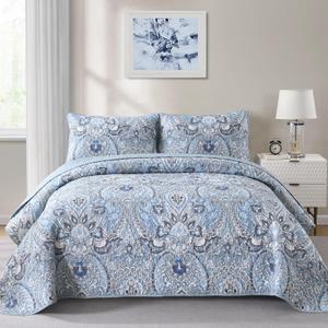 Drucon Blue Paisley Quilt Set King Size 3 Pieces Boho Paisley Bedspread Coverlet Set Soft Microfiber Lightweight Bohemian Bedding Set for All Season (King, 104"x90")